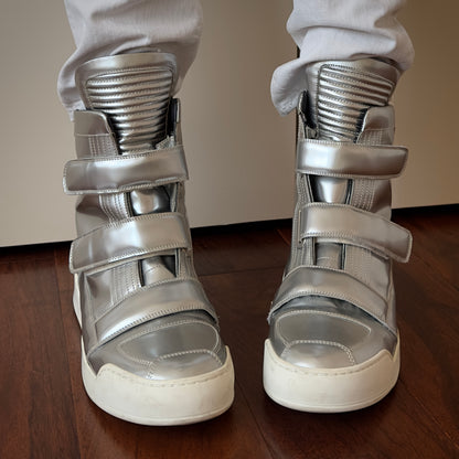 Balmain High-Top Metallic Silver Leather Strap Sneakers