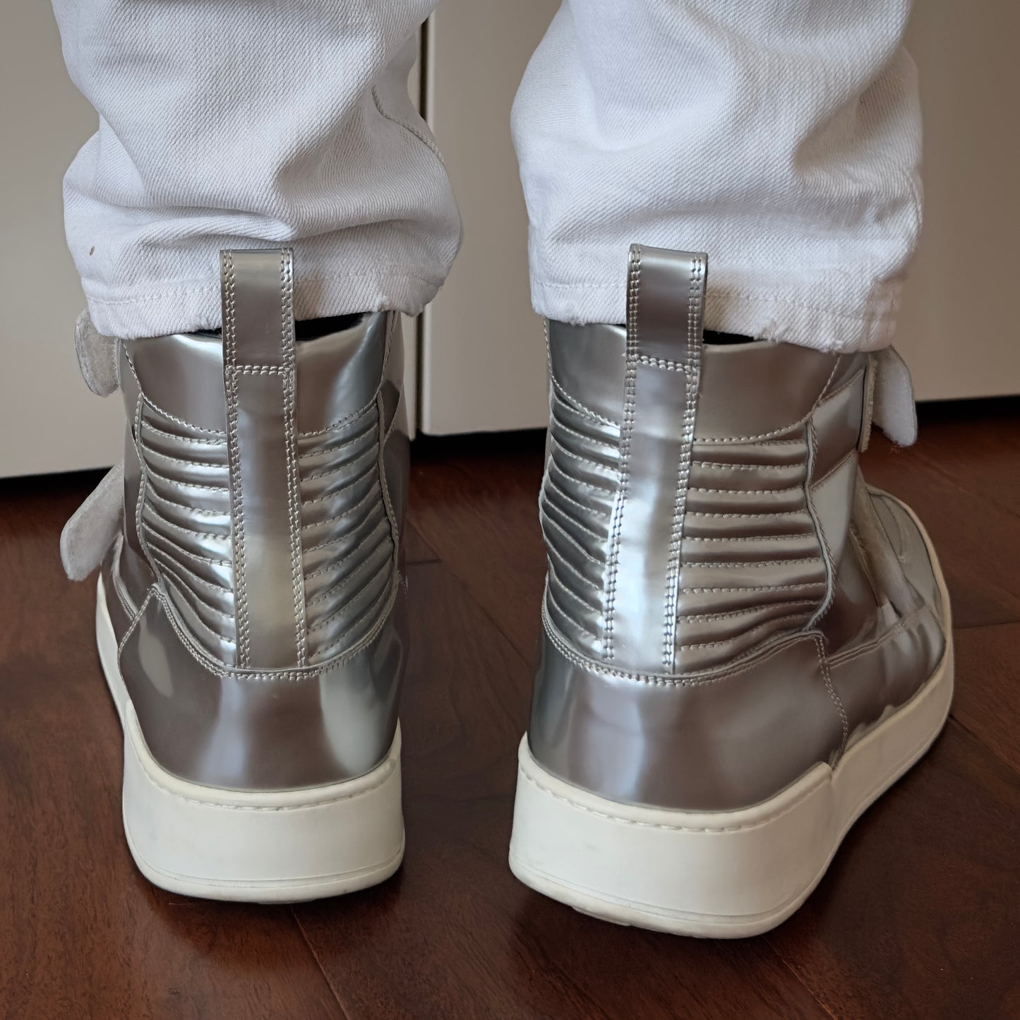 Balmain High-Top Metallic Silver Leather Strap Sneakers