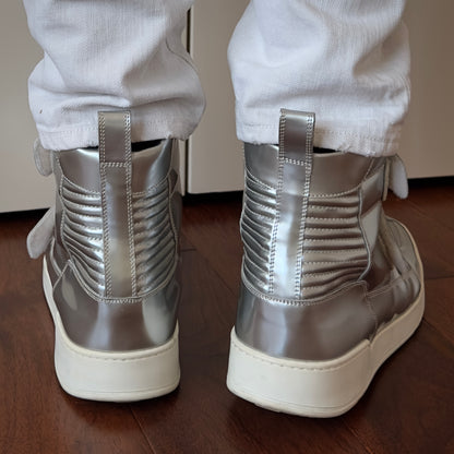 Balmain High-Top Metallic Silver Leather Strap Sneakers