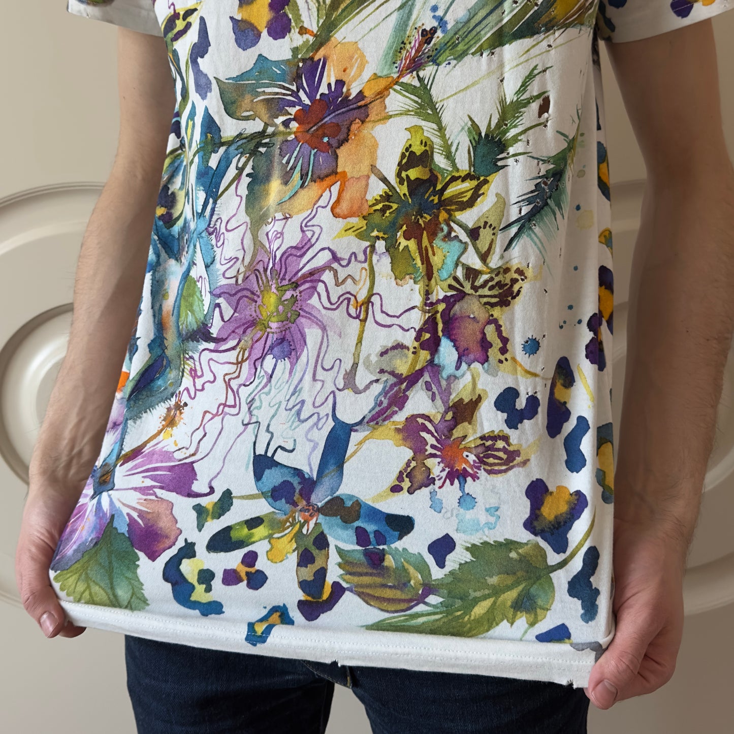 Balmain A/W 2010 Decarnin Floral Watercolor Distressed T-Shirt