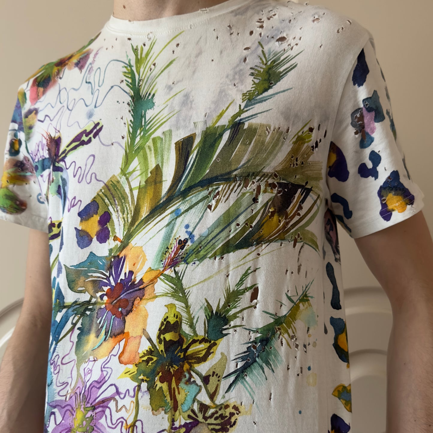 Balmain A/W 2010 Decarnin Floral Watercolor Distressed T-Shirt