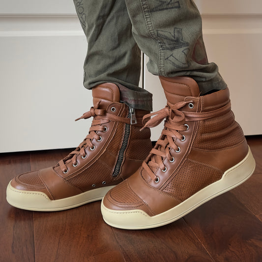 Balmain 2013 Brown Perforated Leather High-Top Sneakers